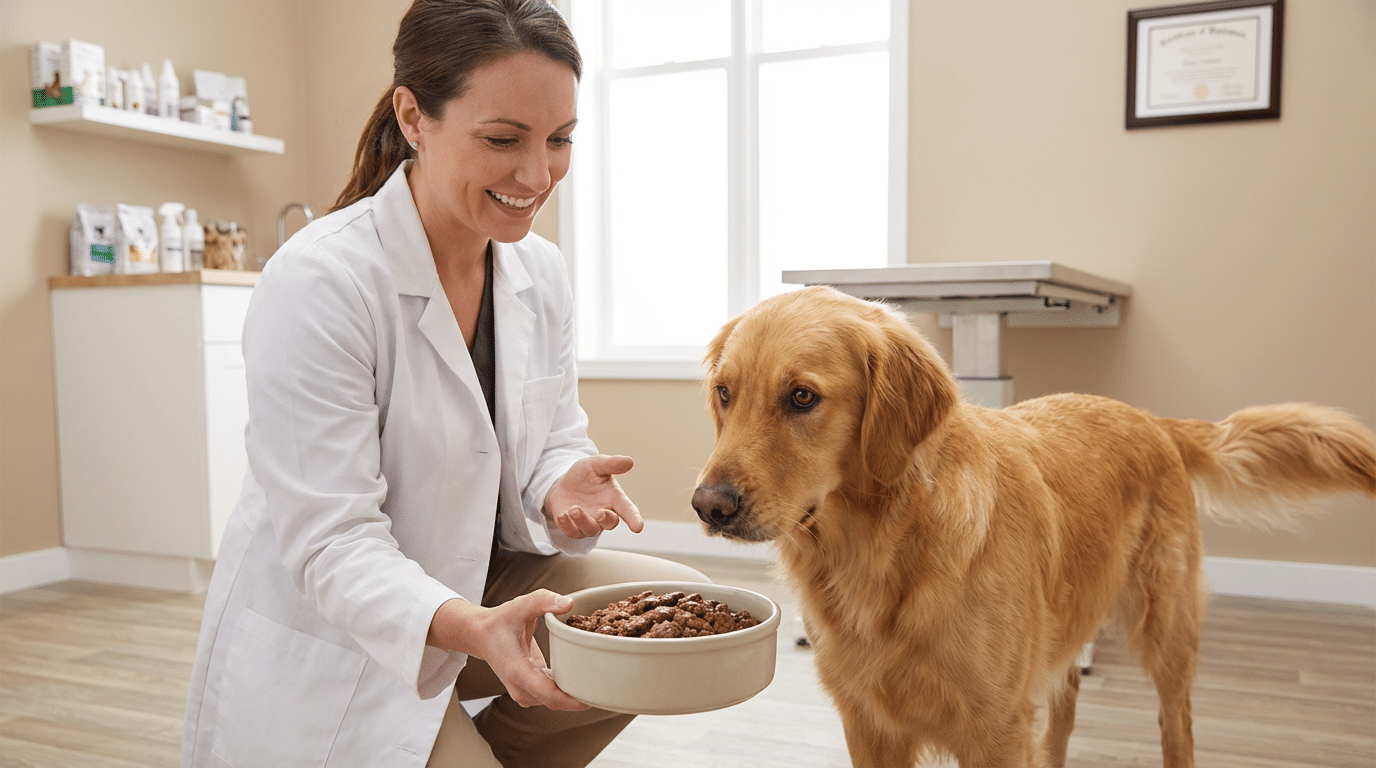 veterinarian holding bowl of food for dog