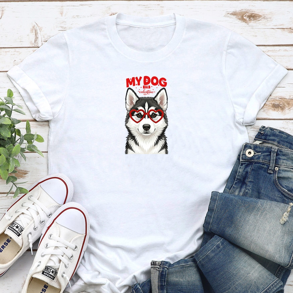 My Dog Is My Valentine Husky Black & White Standard Tee White