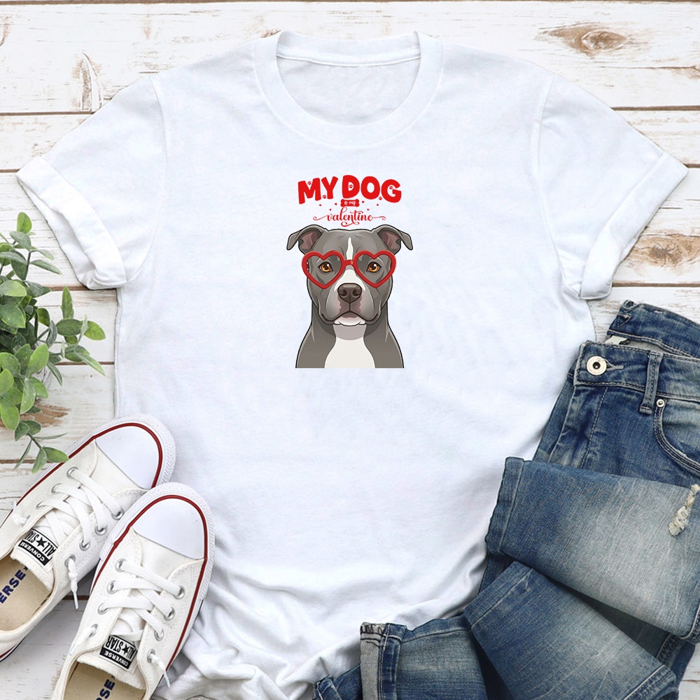 My Dog Is My Valentine Pit Bull Blue Standard Tee White