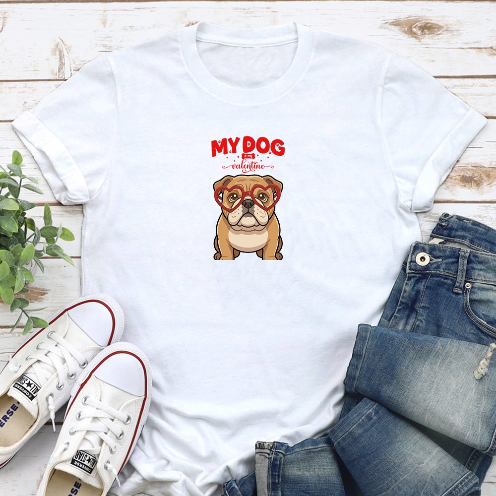 My Dog Is My Valentine Bulldog Tan Standard Tee White