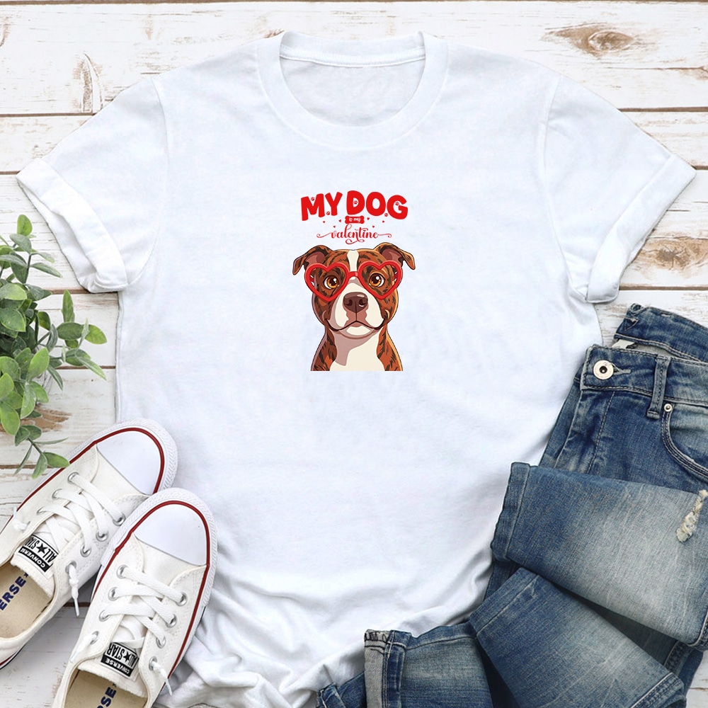 My Dog Is My Valentine Pit Bull Brindle Standard Tee White
