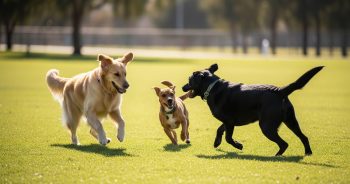 Three happy dogs playing on the grass.