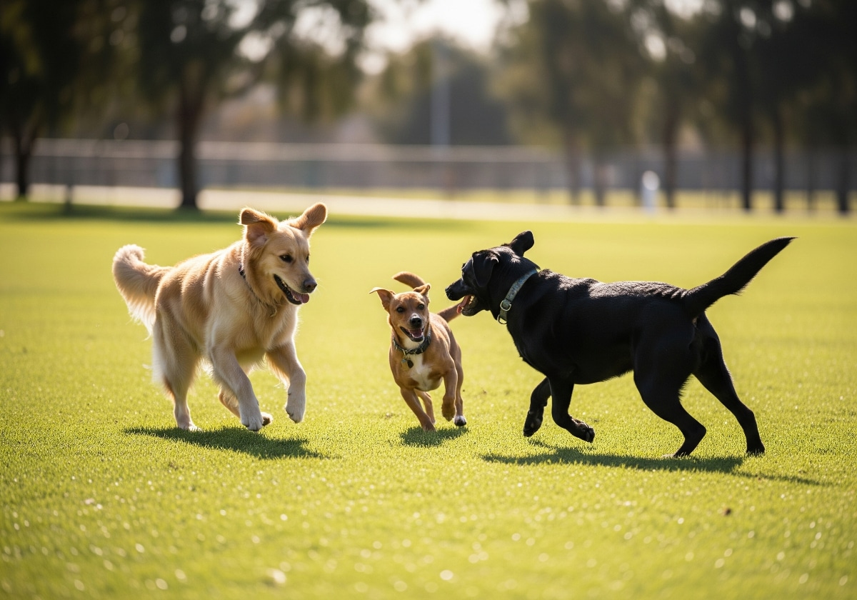 Three happy dogs playing on the grass.