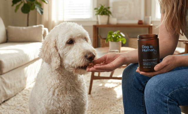 A white Labradoodle taking a soft chew from a woman's hand as she holds a bottle of Dog Is Human multivitamins