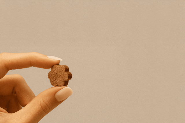 A woman's hand holding a single Dog Is Human soft chew between thumb and forefinger with a taupe background