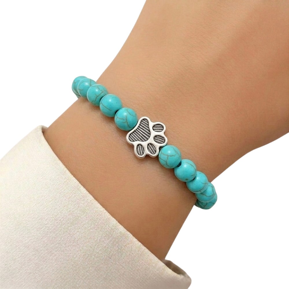 Paw Print Beaded Stretch Bracelet - Blue Pine