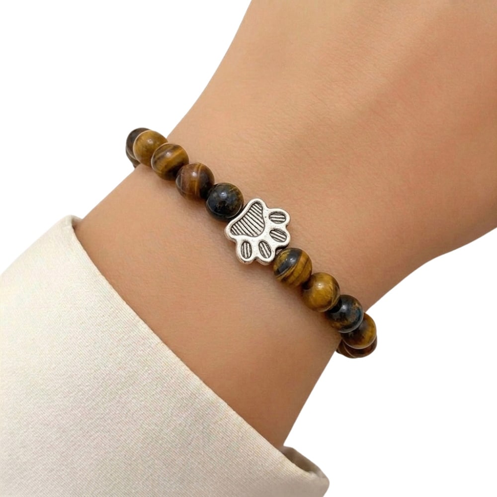 Paw Print Beaded Stretch Bracelet - Brown Tigers Eye