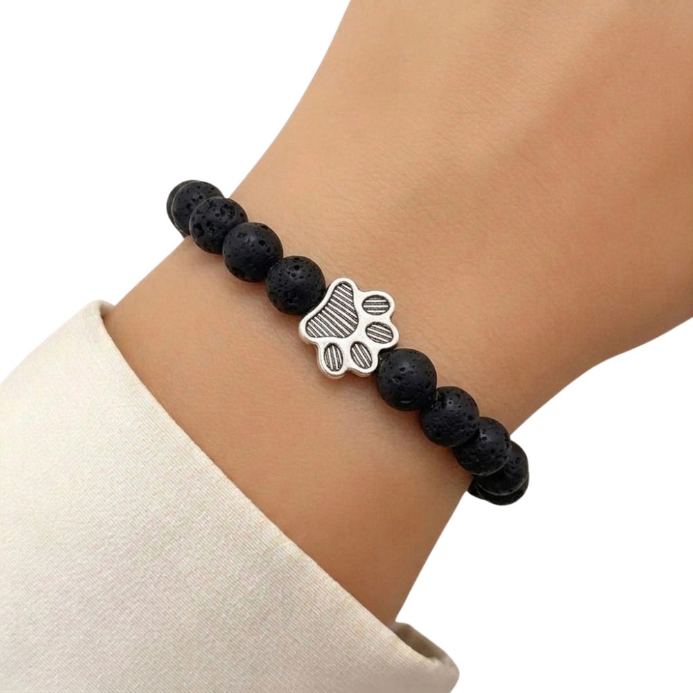 Paw Print Beaded Stretch Bracelet - Black