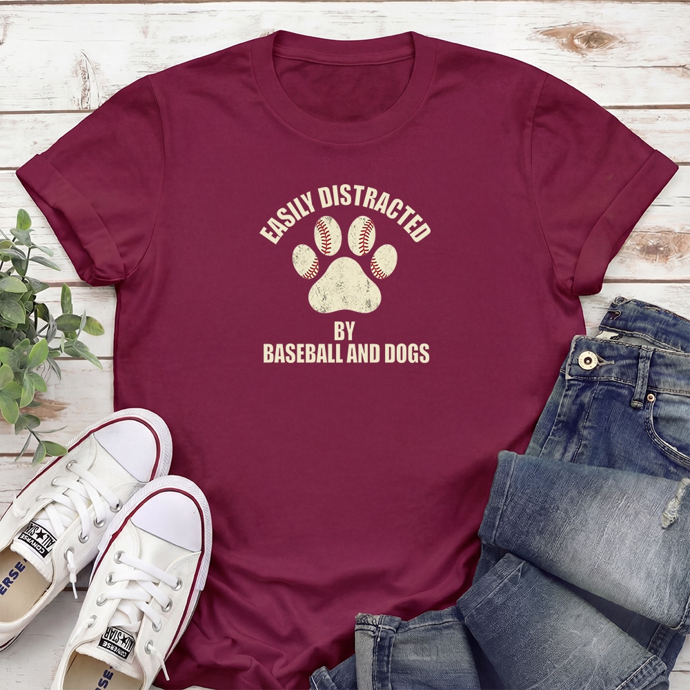 Easily Distracted By Baseball And Dogs Standard Tee Maroon