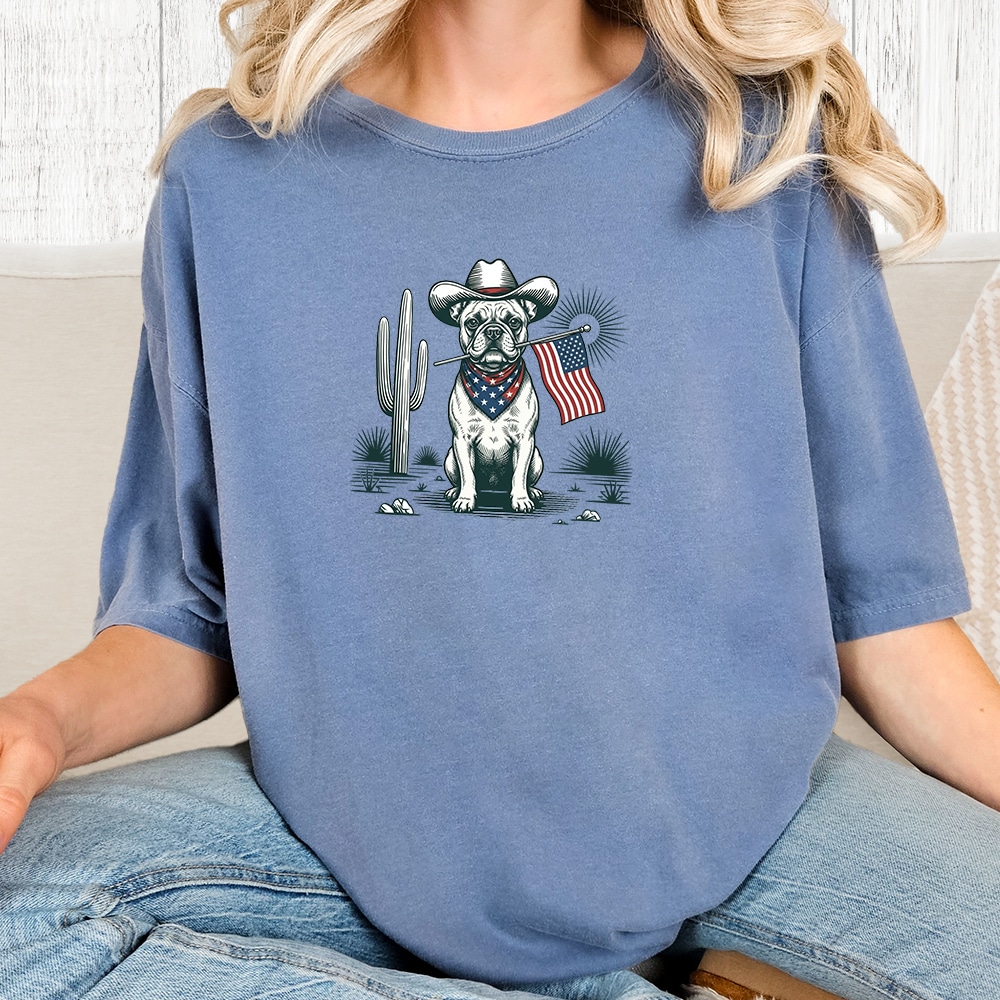 Comfort Colors Freedom Wrangler French Bulldog Vintage Washed Tee - Blue Jean