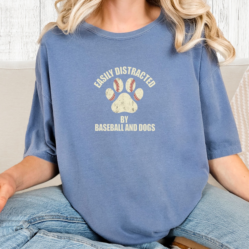 Comfort Colors Easily Distracted By Baseball And Dogs Vintage Washed Tee - Blue Jean