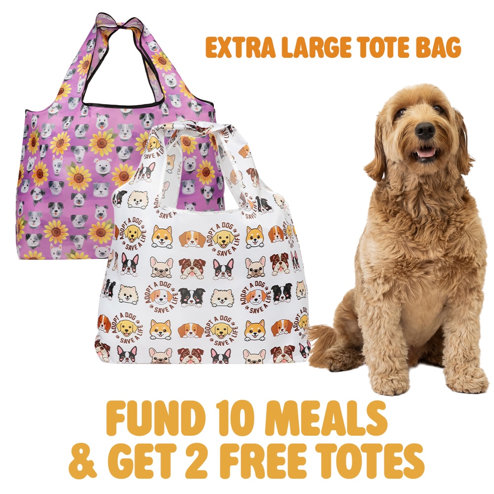 Fund 10 Meals & Get 2 Free Totes – Dogs & Sunflowers and Adopt a Dog, Save a Life Reusable Tote Set – Foldable Grocery Tote Pouch Bags