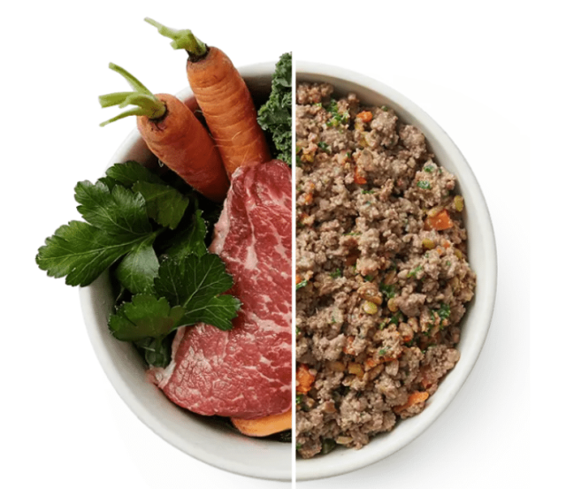 A split-screen image of a dog bowl with one half showing fresh ingredients: beef, carrots, and greens, while the other half shows The Farmer's Dog fresh dog food.