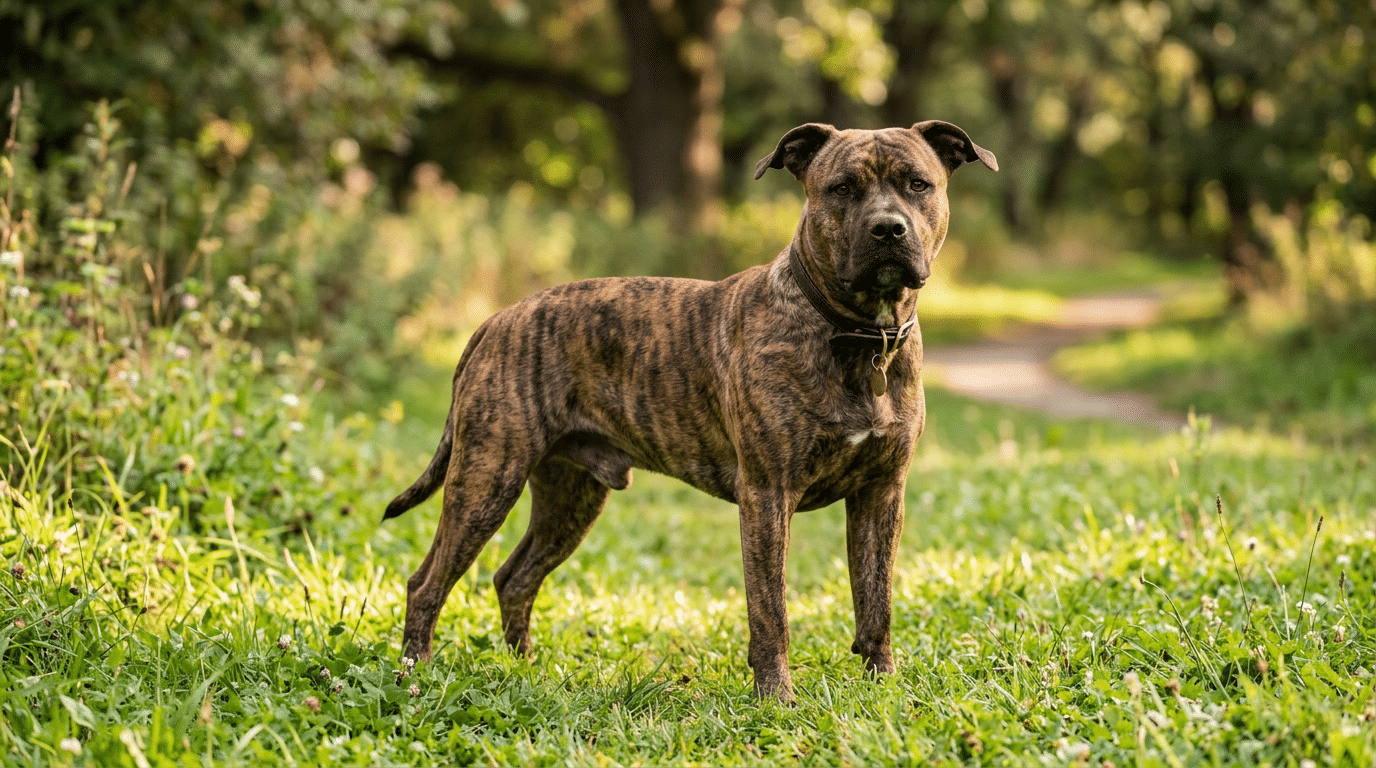 Adult American Staffordshire Terrier at healthy weight standing outdoors