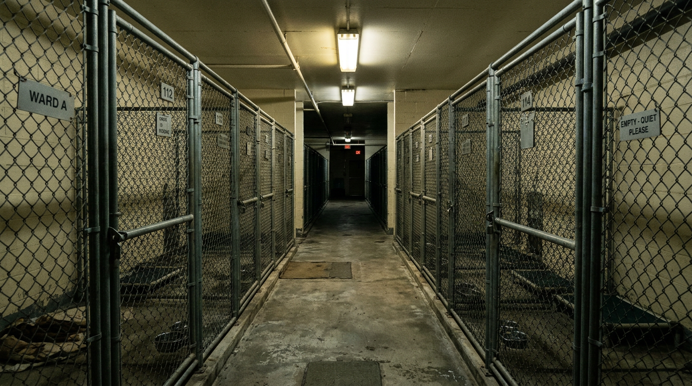 Empty animal shelter kennel corridor with chain-link kennels, a somber reminder of dogs waiting for homes