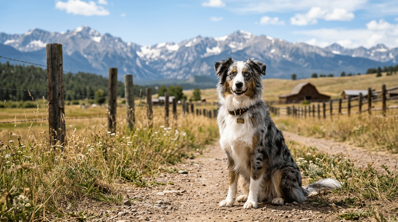 Female Australian Shepherd sitting on a ranch with blue merle coat and striking blue eyes against mountain backdrop