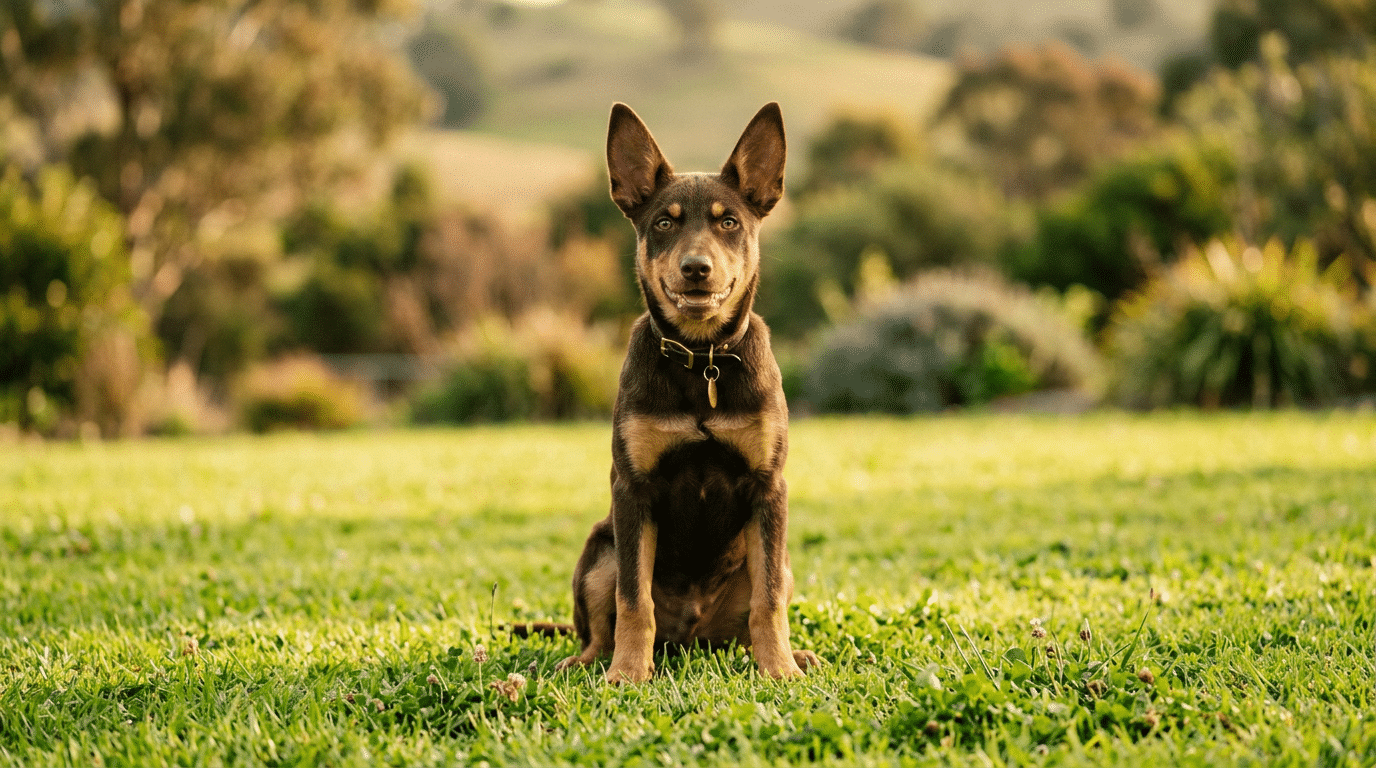 Australian Kelpie puppy sitting on grass, healthy growth at correct weight
