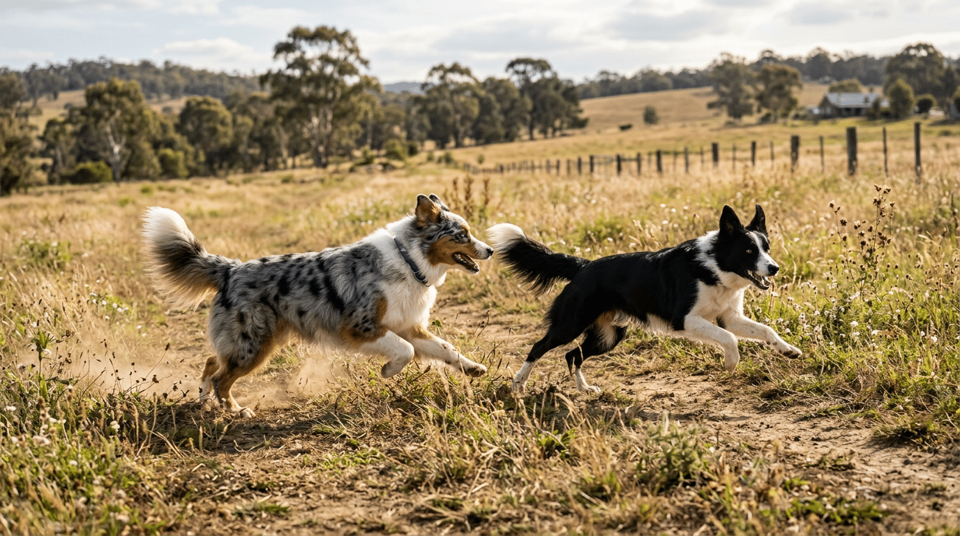 Australian Shepherd and Border Collie dogs playing together - breeds similar to Border Collies