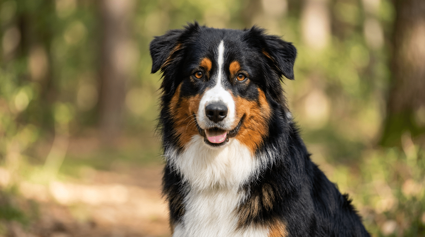 Australian Shepherd showing copper points and white markings on black tricolor coat