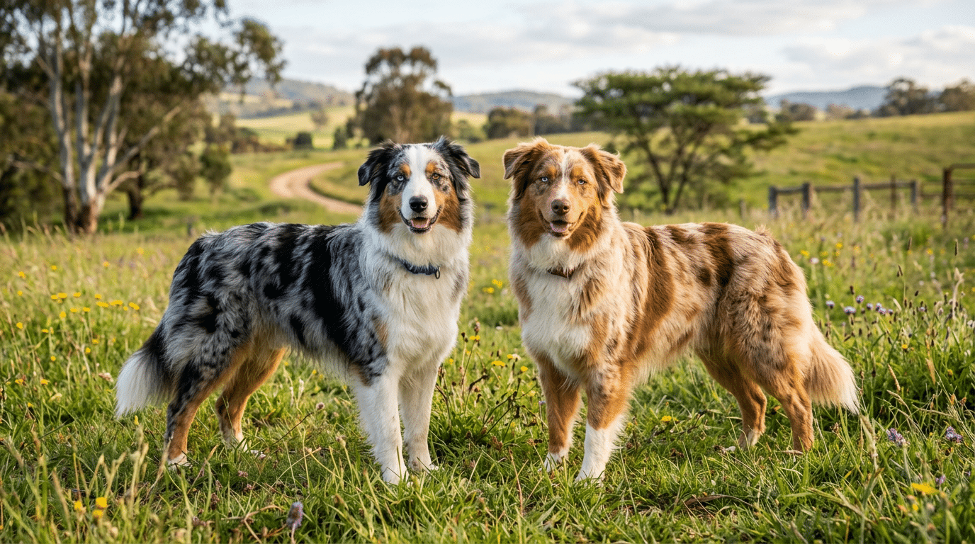 Australian Shepherd merle coat color comparison showing blue merle and red merle patterns