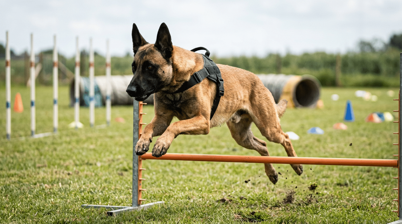 Belgian Malinois running and jumping in athletic training showing muscular build