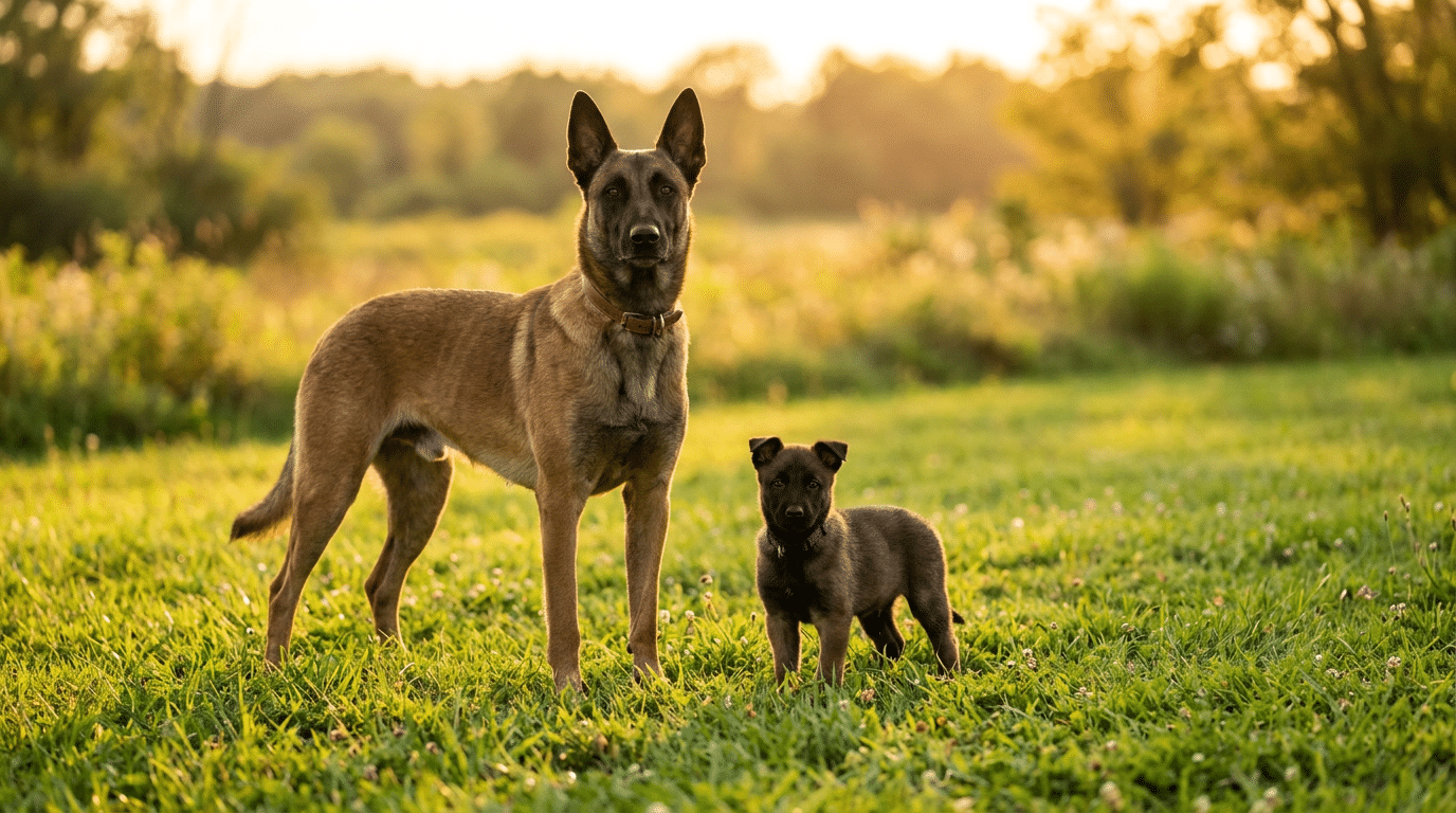 Belgian Malinois puppy and adult dog size comparison showing growth stages