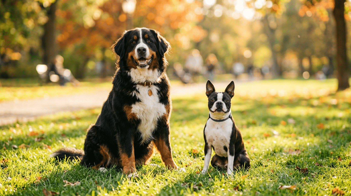 Bernese Mountain Dog and Boston Terrier sitting together, representing dog breeds that start with B