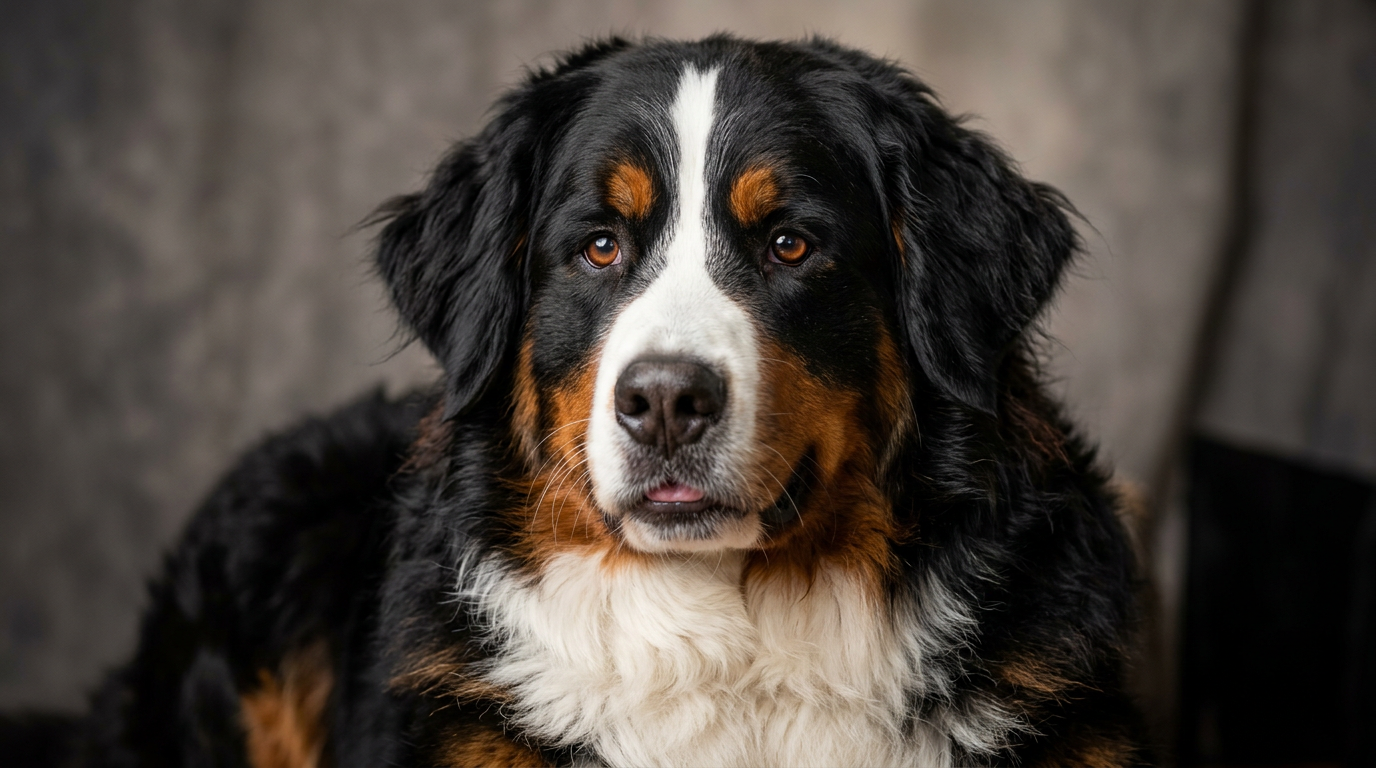 Bernese Mountain Dog close-up showing tri-color coat detail with black white and rust markings
