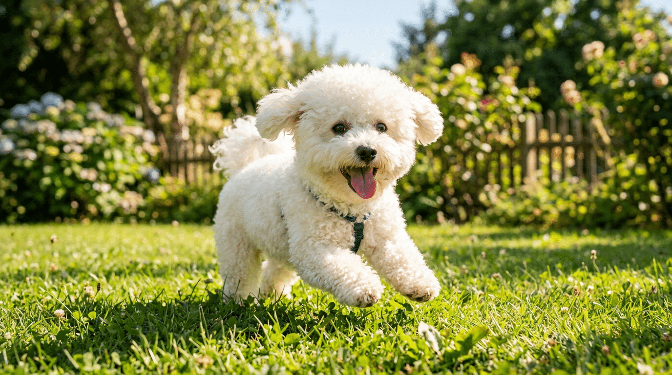 Happy Bichon Frise dog playing outdoors with curly white coat