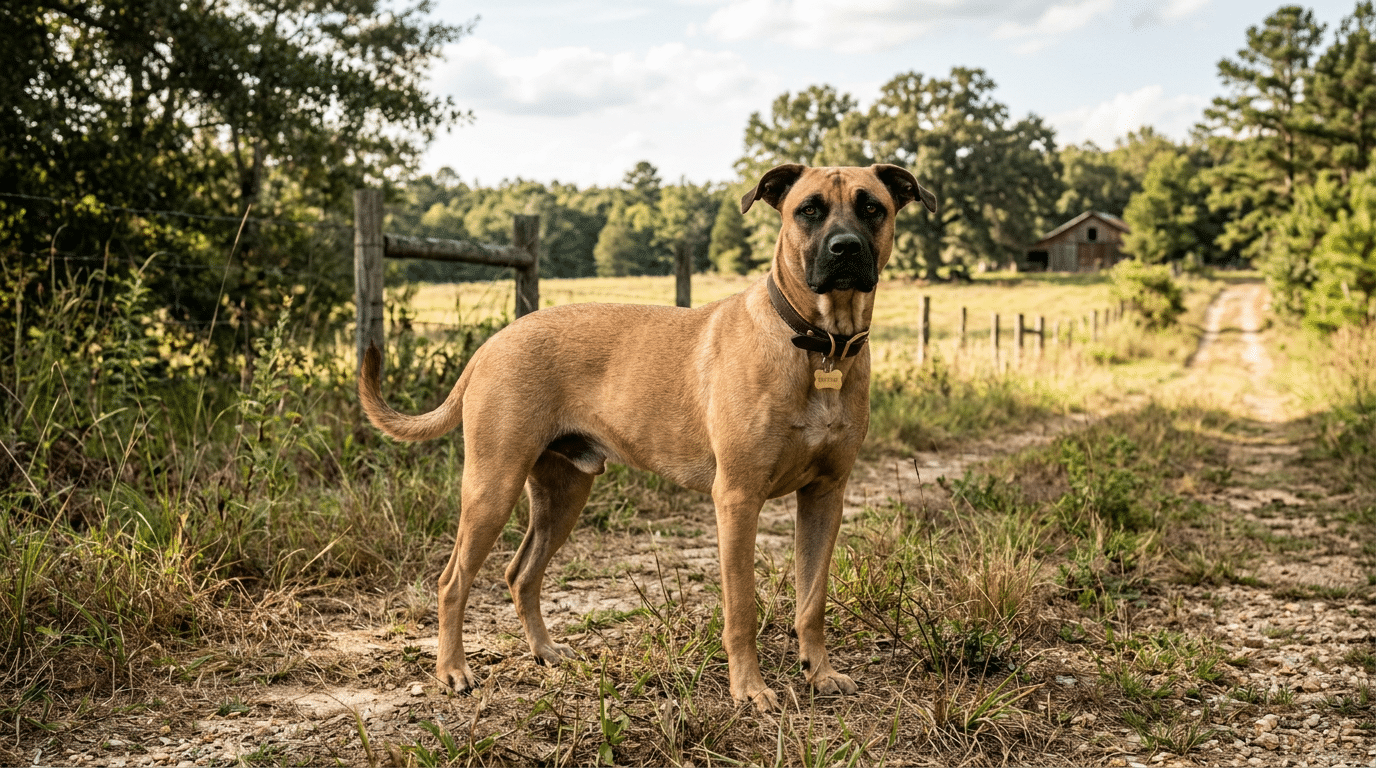 A Black Mouth Cur dog with short tan coat and black muzzle standing alert in a countryside setting