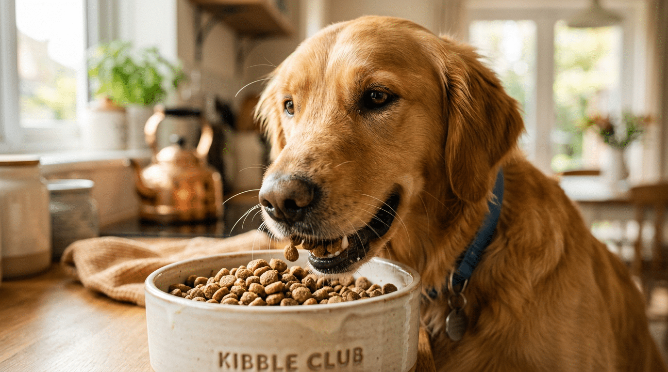 Dog eating premium kibble from a bowl