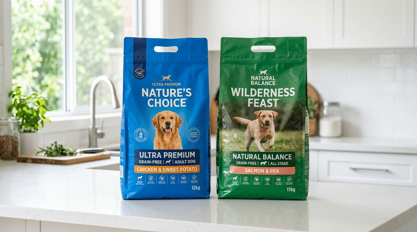 Blue Buffalo vs Iams dog food bags comparison on kitchen counter