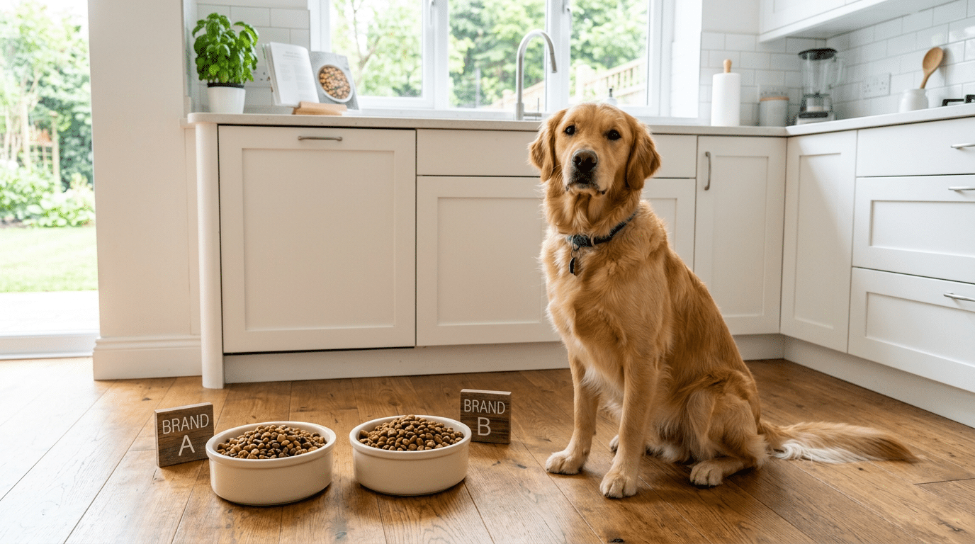 Dog sitting next to two bowls of dry dog food - Blue Buffalo vs Science Diet comparison