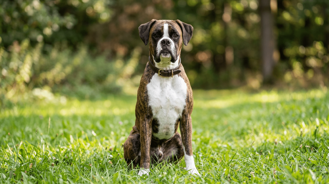 Adult Boxer dog sitting on grass showing healthy muscular build and athletic frame