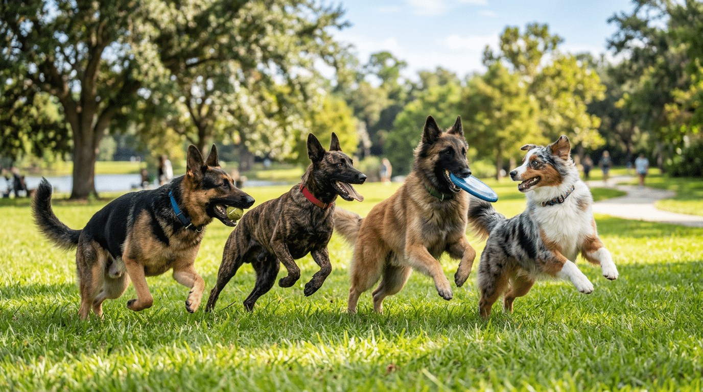Group of dog breeds similar to German Shepherds playing together outdoors