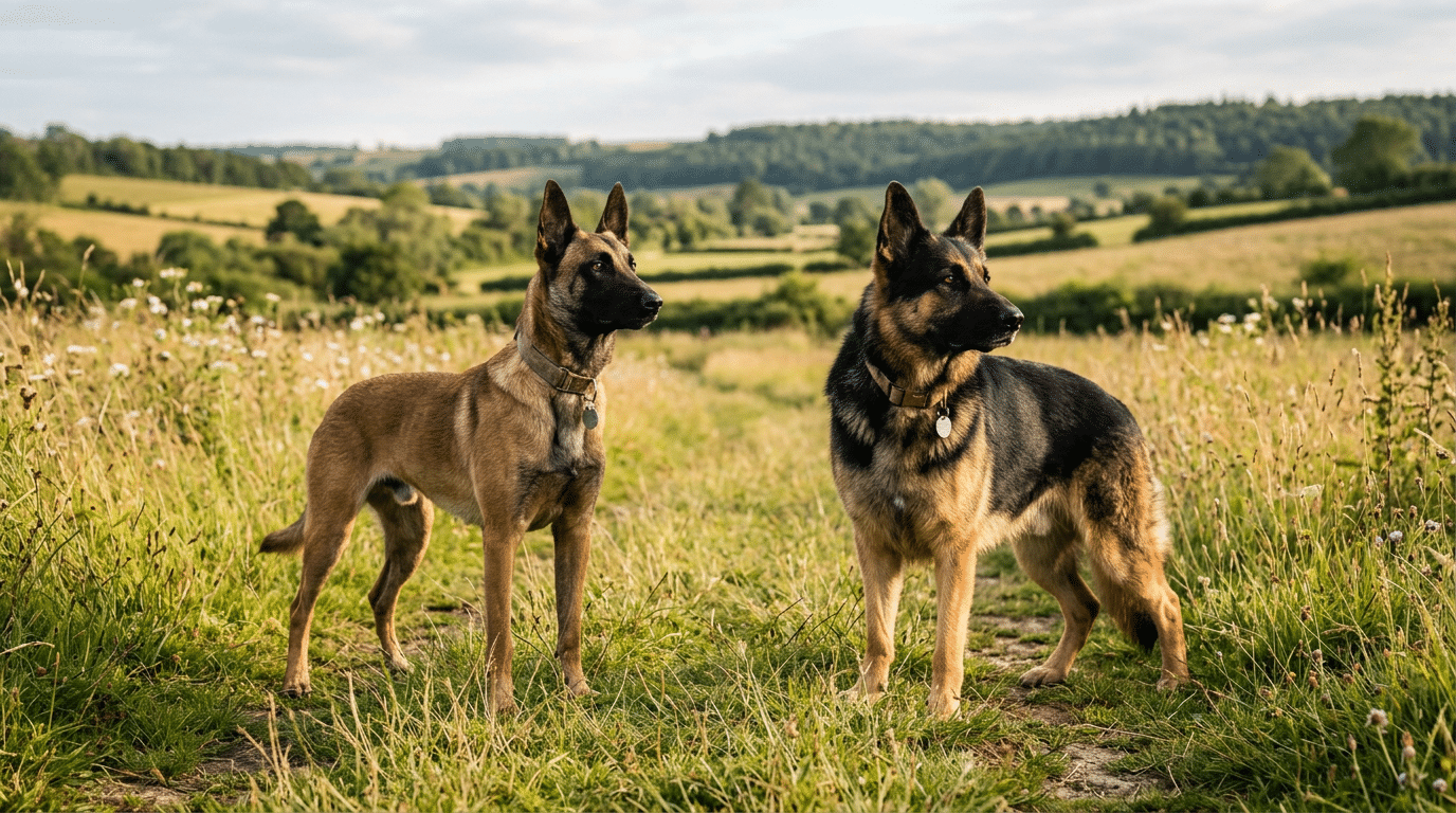 Belgian Malinois and German Shepherd standing together in a field
