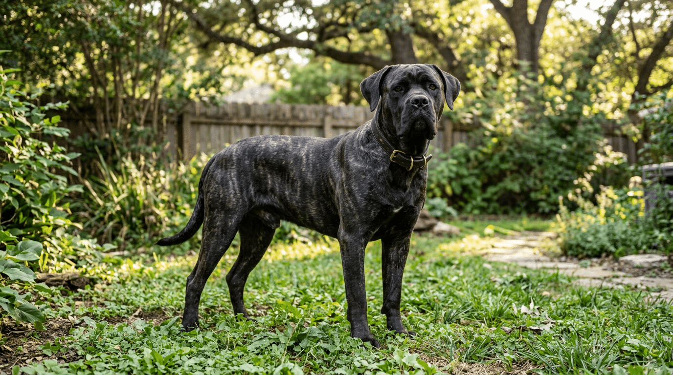 Adult Cane Corso standing in yard showing full muscular build and size