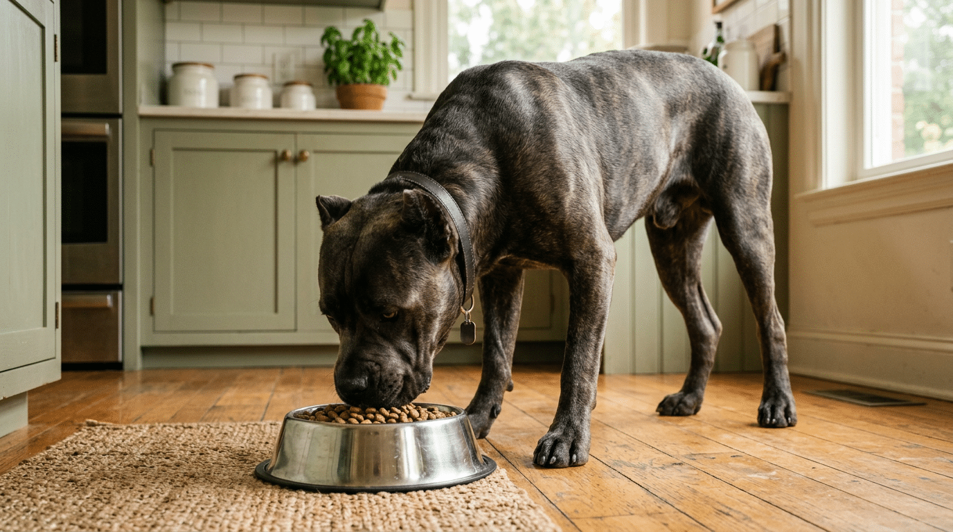 Cane Corso eating from a stainless steel food bowl