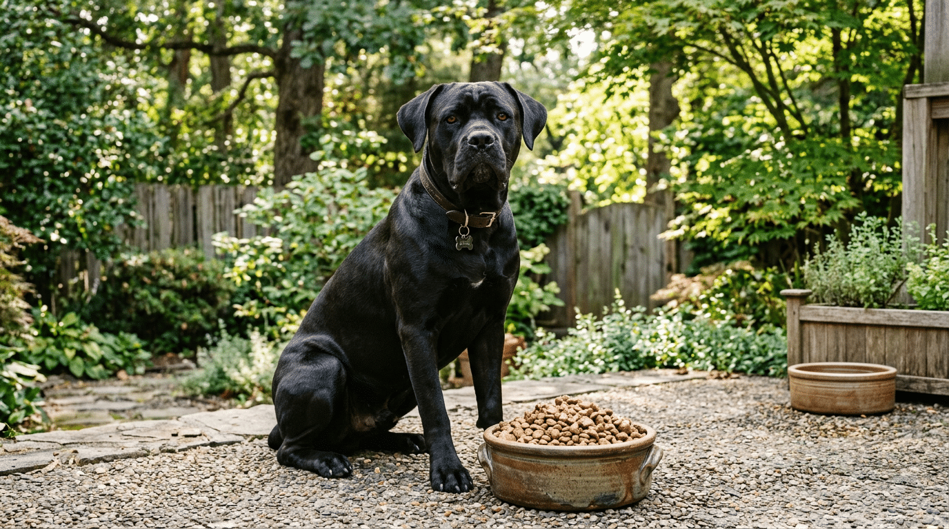 Healthy Cane Corso sitting next to a dog food bowl outdoors