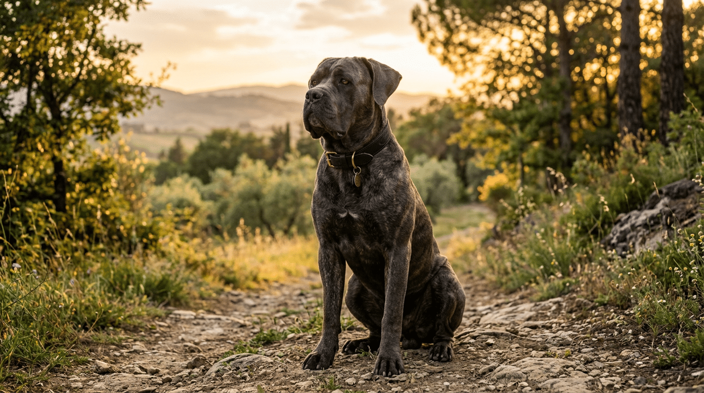Majestic male Cane Corso dog with brindle coat sitting proudly outdoors