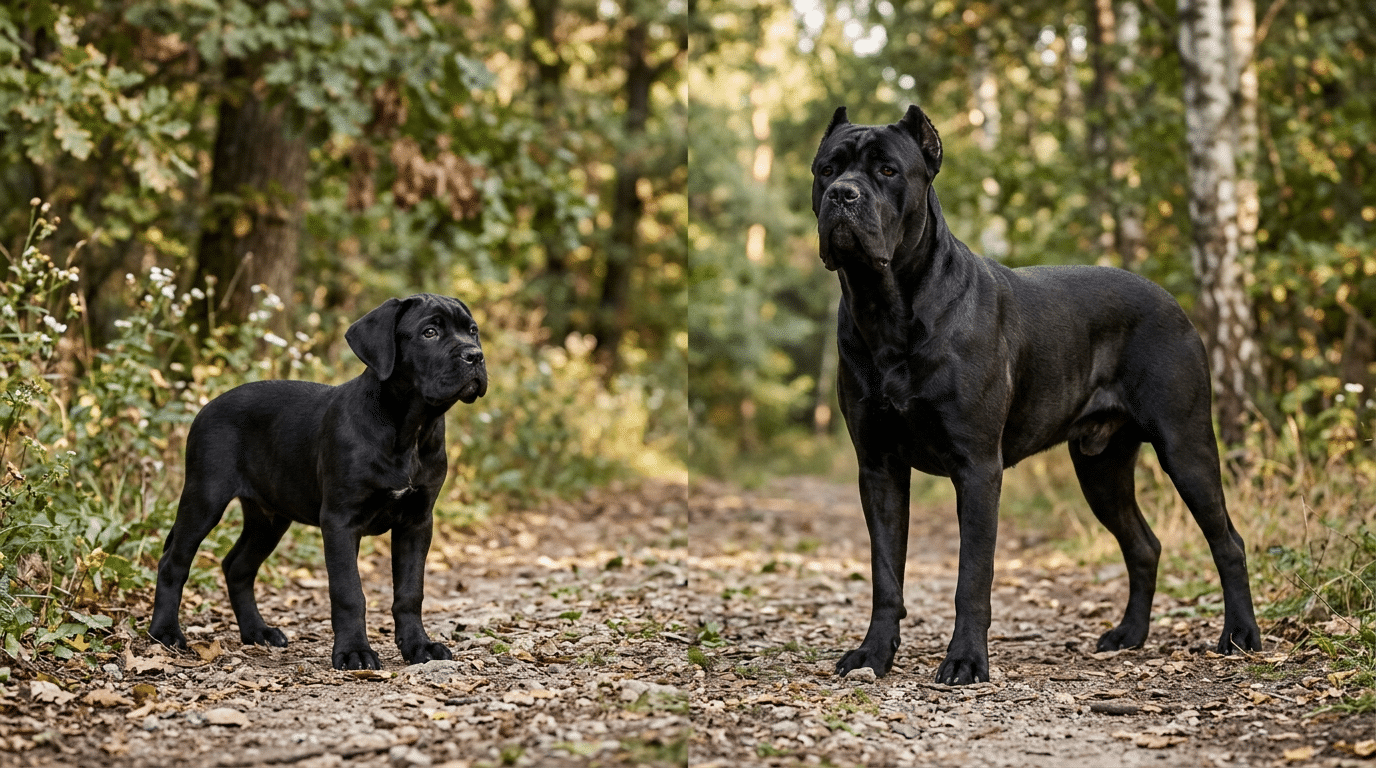 Cane Corso puppy and adult dog showing size comparison and growth progression
