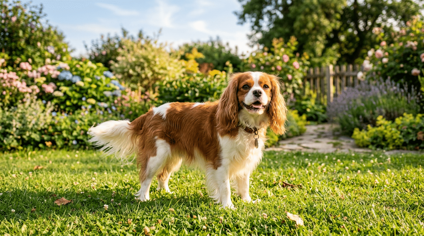 Adult Cavalier King Charles Spaniel standing in garden showing healthy weight