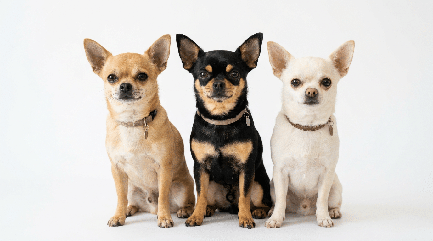 Three Chihuahuas showing different coat colors including fawn, black and tan, and white