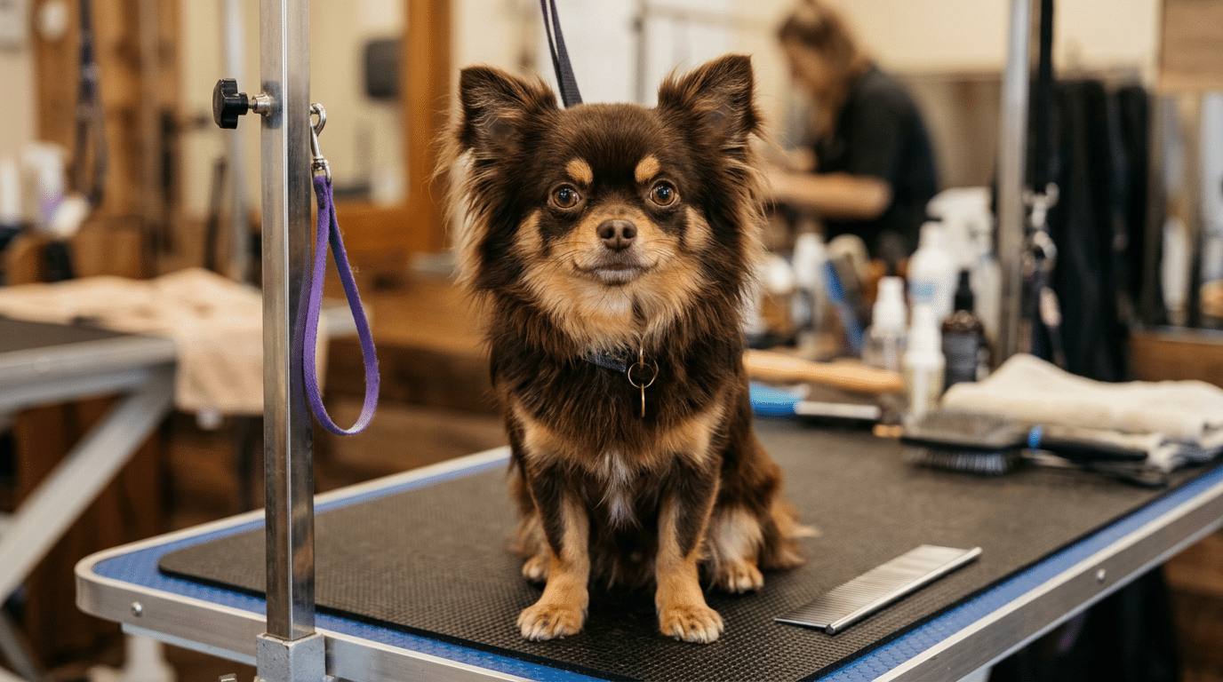Long-haired chocolate and tan Chihuahua showing rich coat color detail