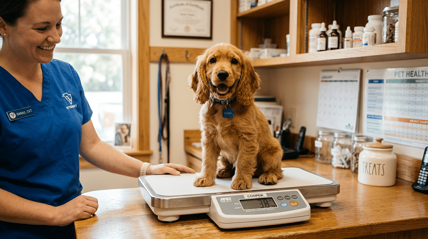 Cocker Spaniel puppy being weighed at the vet clinic