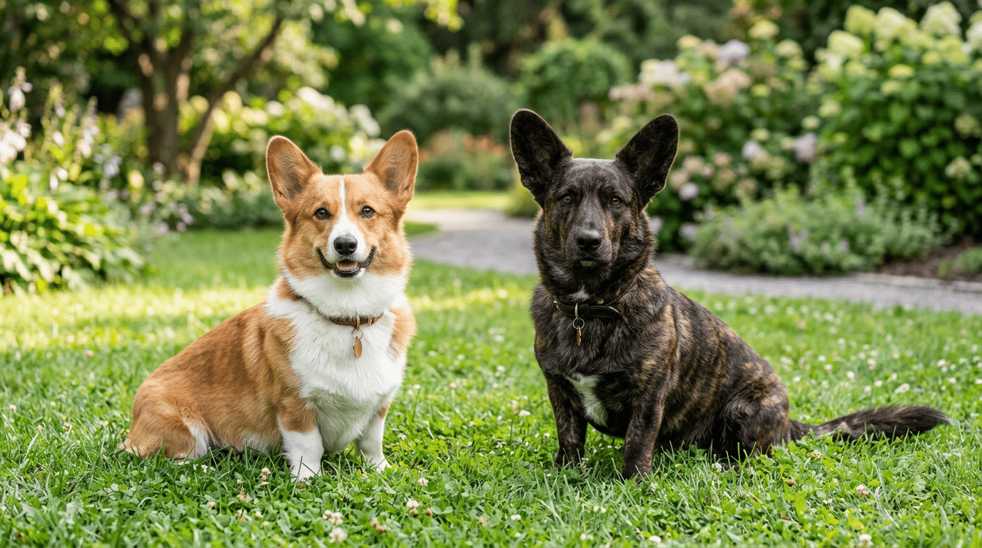 Pembroke Welsh Corgi and Cardigan Welsh Corgi sitting side by side showing different coat colors
