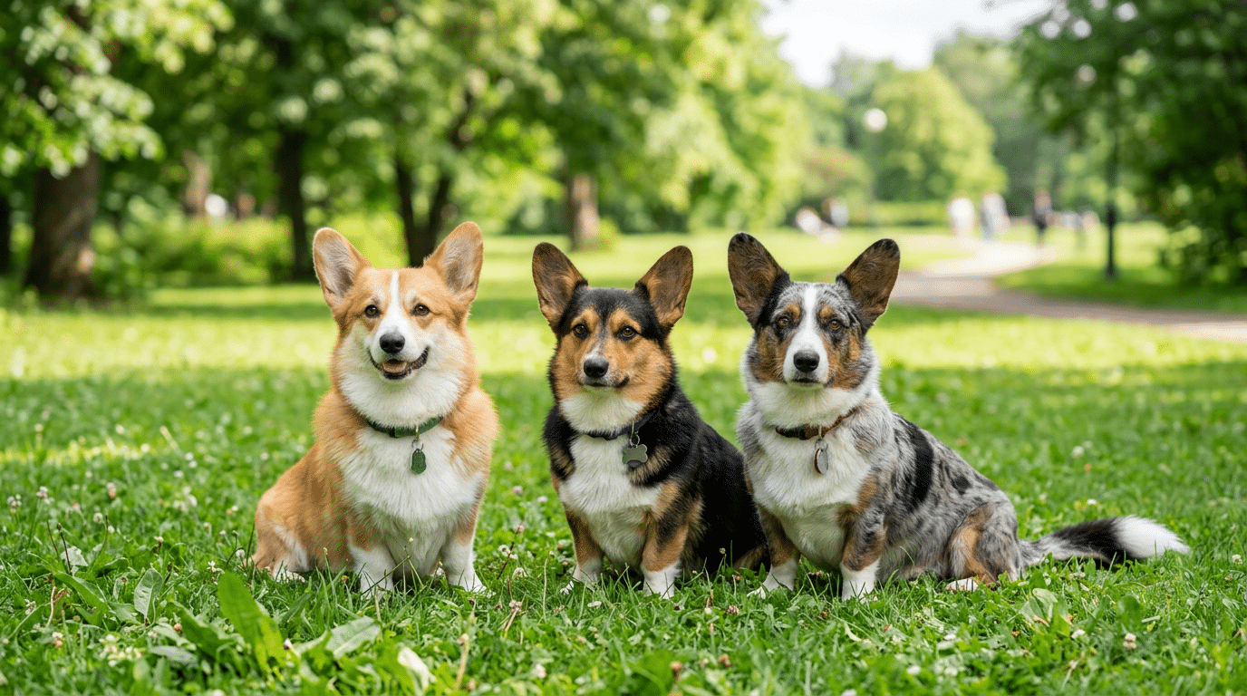 Three Corgis of different colors - red, tri-color, and blue merle - showing the variety of Corgi coat colors