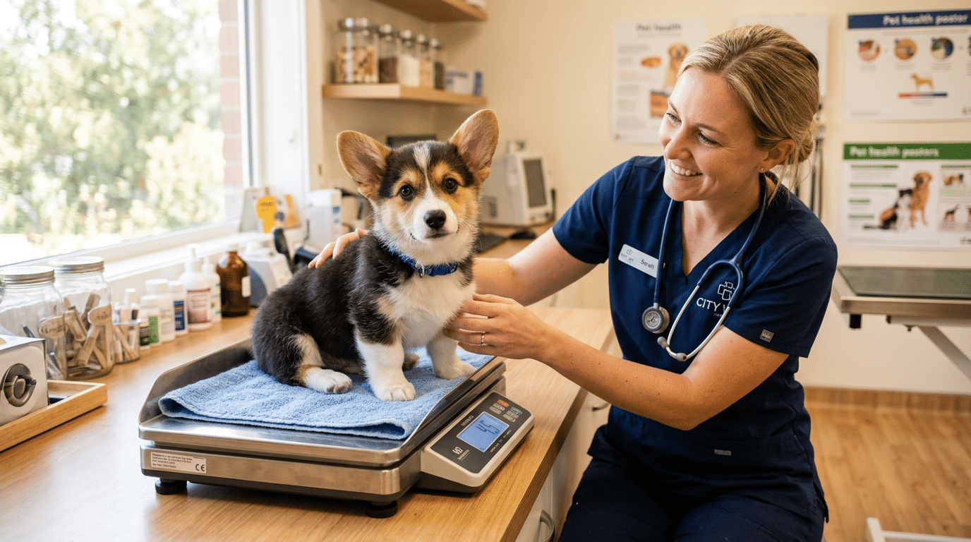 Pembroke Welsh Corgi puppy being weighed at a veterinary checkup