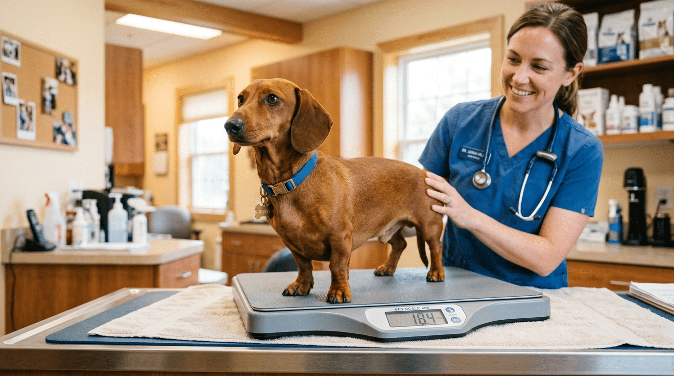 Healthy adult dachshund at veterinarian checkup being weighed for ideal body condition