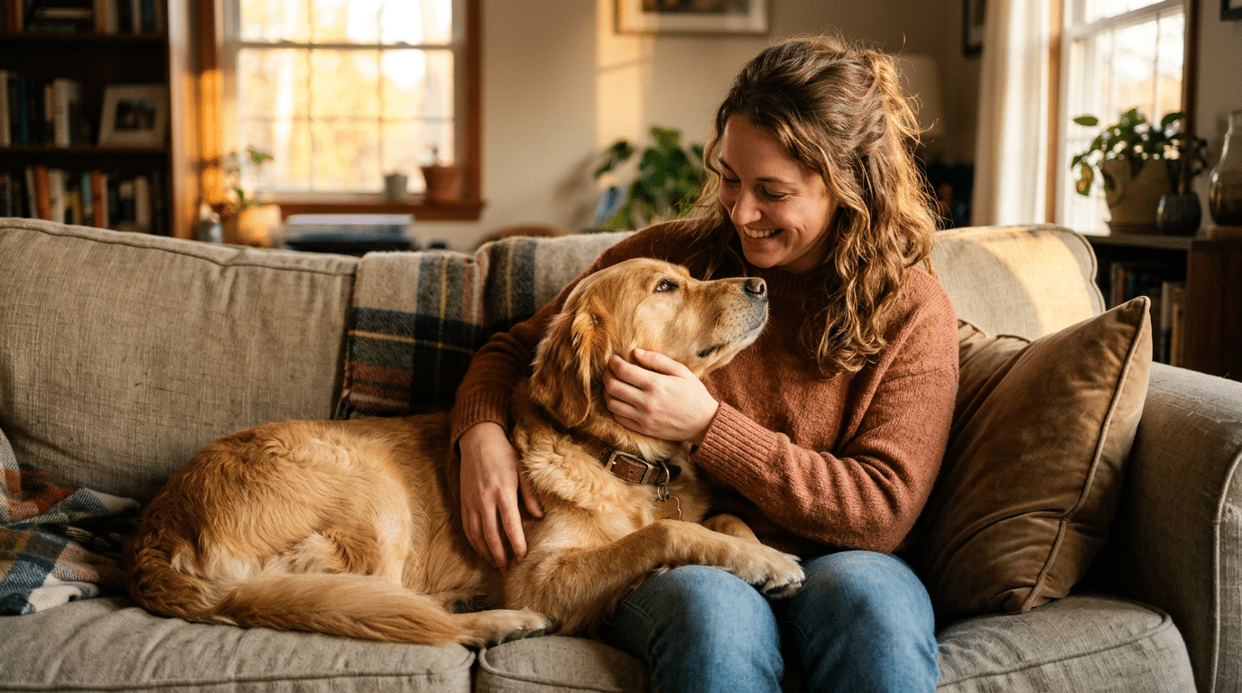 Happy dog resting head on owner's lap, showing the strong bond between dog and owner